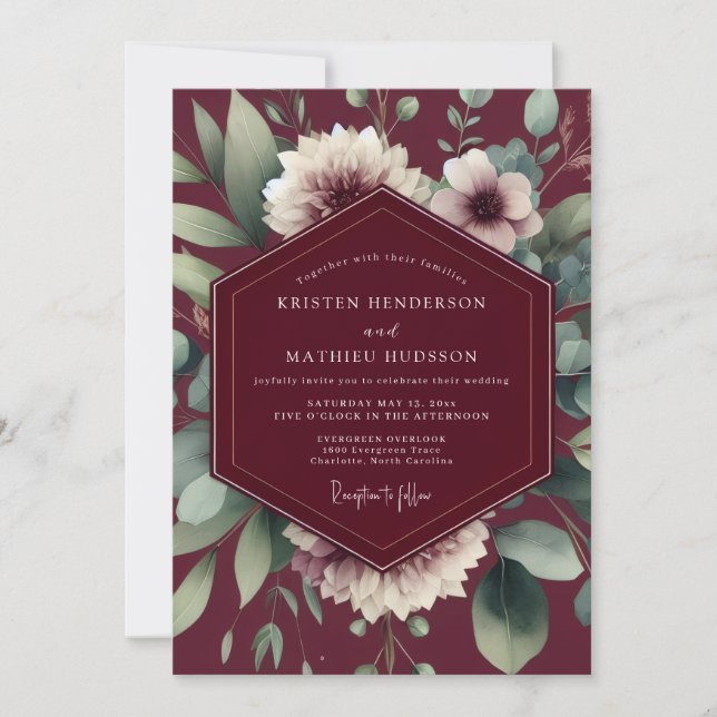Invitación Boda Flora Pintoresca Granate (Anverso)