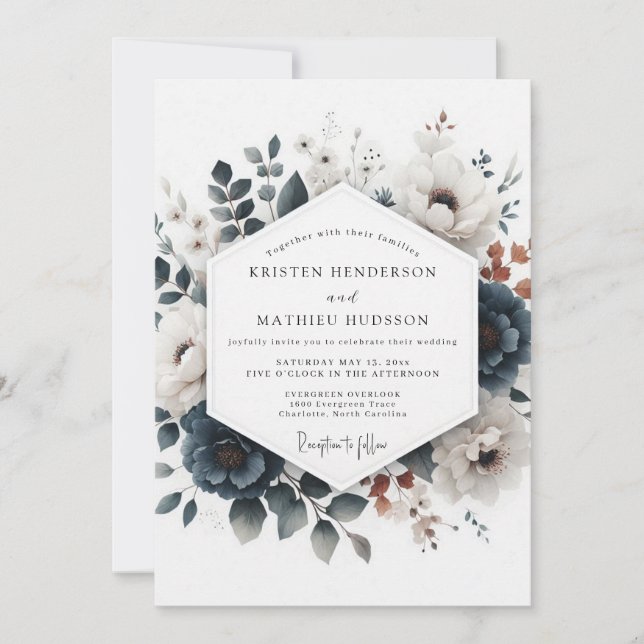 Invitación Boda Flora Russet Azul Polvoriento (Anverso)