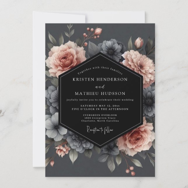 Invitación Boda Flora Sombría Carbón Rubor (Anverso)