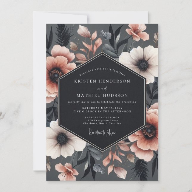 Invitación Boda Flora Sombría con Rubor de Carbón (Anverso)