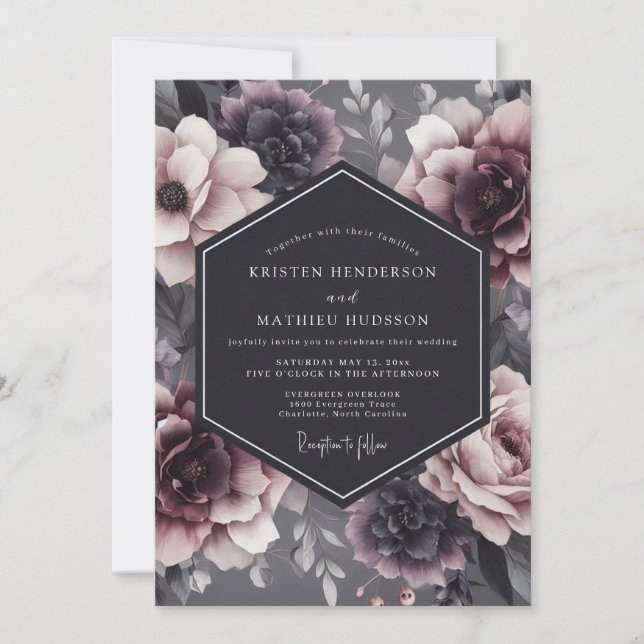 Invitación Boda Flora Sombría de Carbón (Anverso)