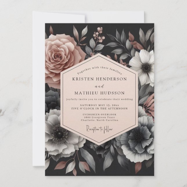 Invitación Boda Flora Sombría Rosa Ceniza (Anverso)