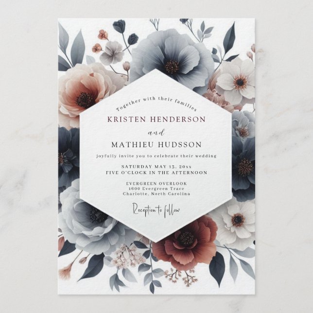 Invitación Boda Flora Terracota Pizarra Malhumorada (Anverso)
