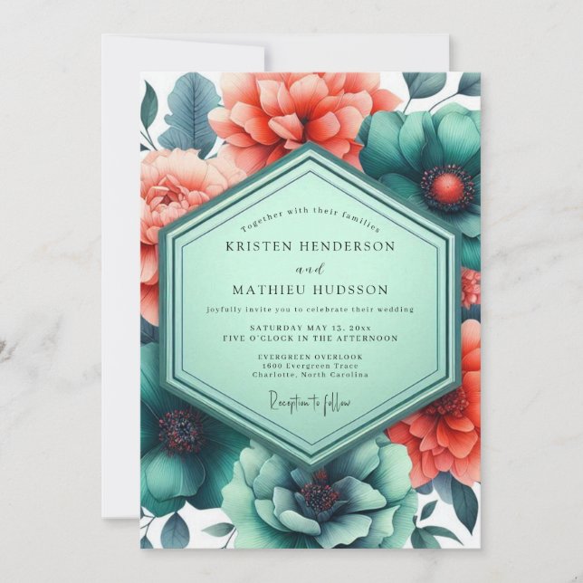 Invitación Boda Flora Vibrante Paprika Verde (Anverso)