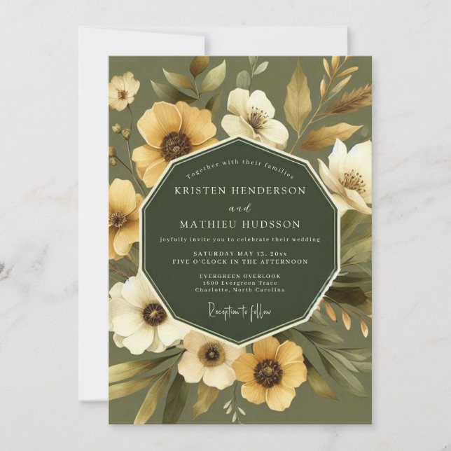 Invitación Boda Flora Vintage Dorada Sage (Anverso)