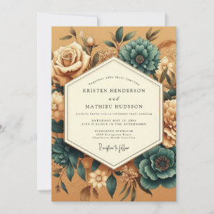 Invitación Boda Flora Vintage Teal Marigold