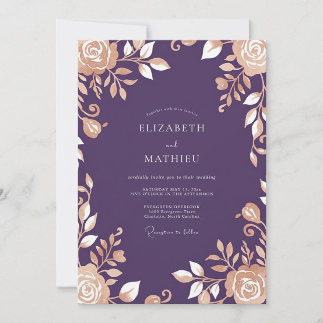 Invitación Boda Floración Champán Berenjena (Anverso)