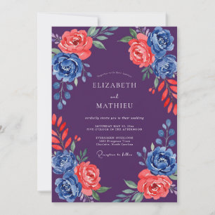 Invitación Boda Floración Cobalto Coral Púrpura Profundo