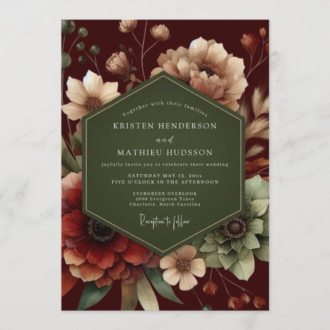 Invitación Boda Floración del Bosque Granate (Anverso)