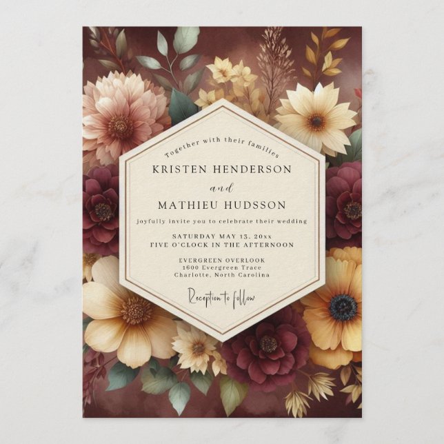 Invitación Boda Floración Otoñal Borgoña (Anverso)
