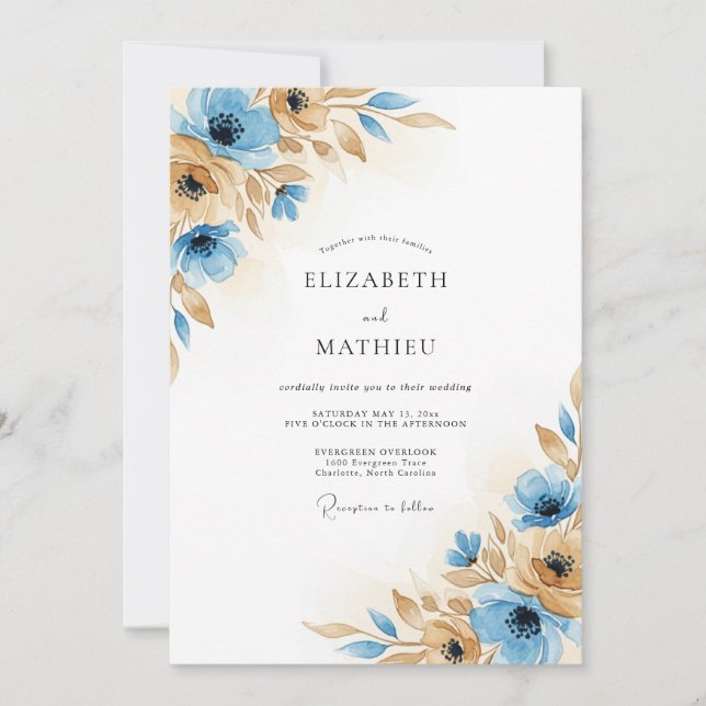 Invitación Boda Floración Otoño Marrón Azul (Anverso)
