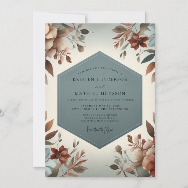 Invitación Boda Floración Rústica Azul Pizarra (Anverso)
