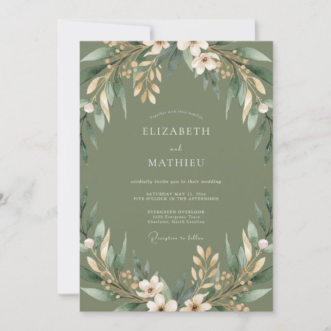 Invitación Boda Floración Verde Salvia (Anverso)