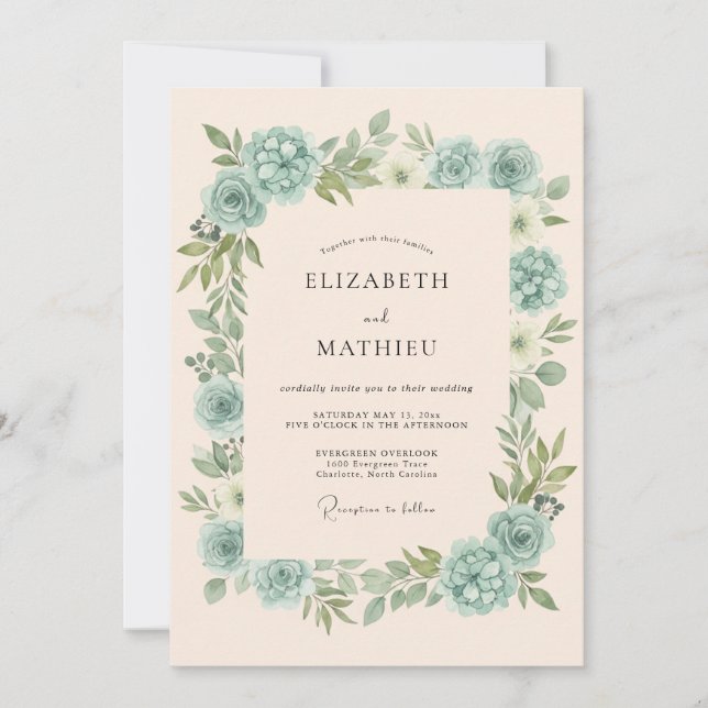 Invitación Boda Floración Verde Salvia (Anverso)