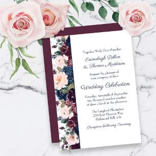 Invitación Boda floral Abrazo   Burgundy Azul Marino