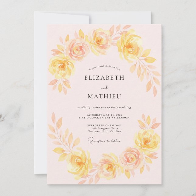 Invitación Boda Floral Abrazo de Rubor Amarillo (Anverso)