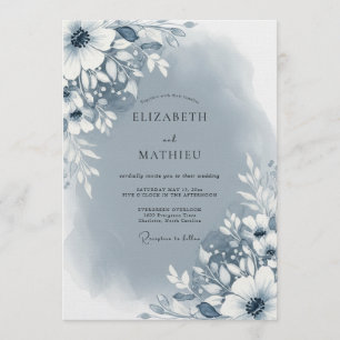 Invitación Boda floral abstracta azul pizarra