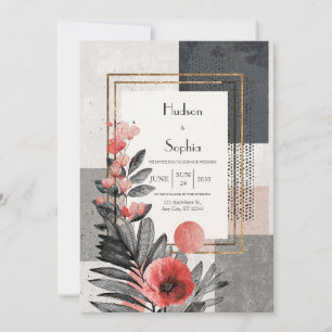 Invitación Boda Floral Abstracta Moderna en Blanco, Negro y R