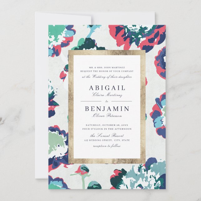 Invitación Boda floral abstracto de oro verde clásico moderno (Anverso)