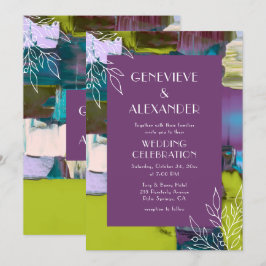 Invitación Boda Floral Abstracto Verde Púrpura Pintado
