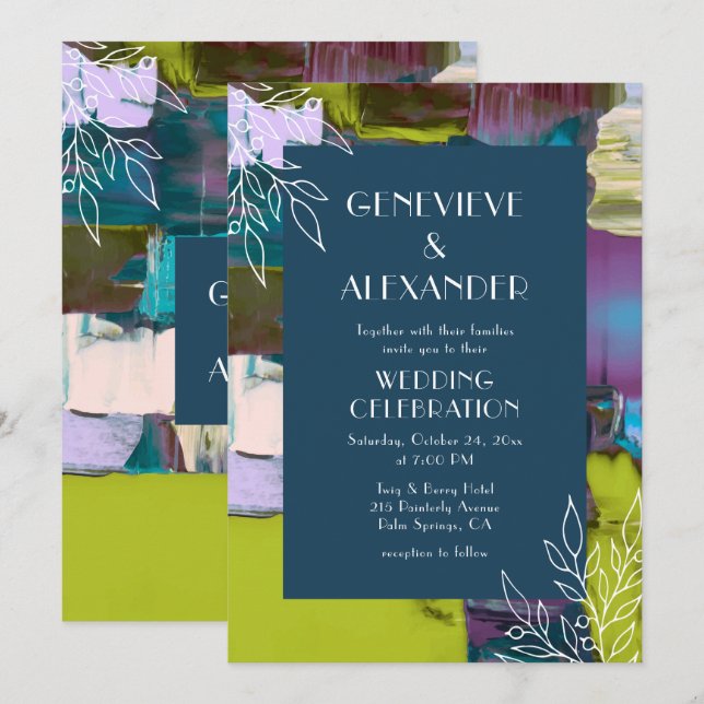 Invitación Boda Floral Abstracto Verde Púrpura Pintado (Anverso / Reverso)
