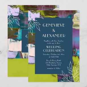 Invitación Boda Floral Abstracto Verde Púrpura Pintado