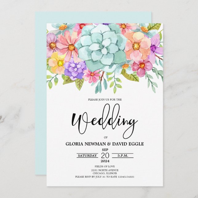 Invitación Boda floral acuarela (Anverso / Reverso)