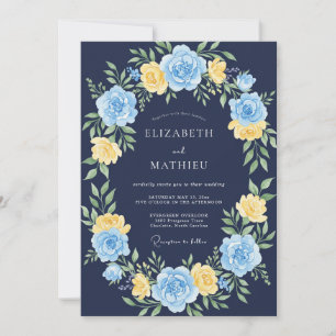 Invitación Boda floral acuarela amarilla azul marino