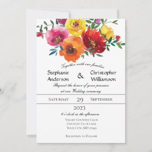 Invitación Boda floral acuarela amarilla roja y verde