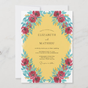 Invitación Boda floral acuarela amarillo carmesí