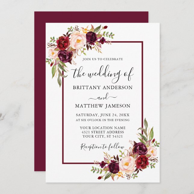Invitación Boda floral acuarela arborgoña marco (Anverso / Reverso)