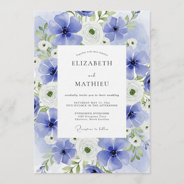 Invitación Boda Floral Acuarela Azul (Anverso)