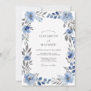 Invitación Boda floral acuarela azul acero