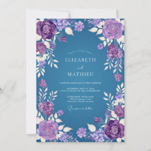 Invitación Boda floral acuarela azul acero violeta