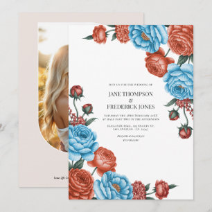 Invitación Boda floral acuarela azul cielo y terracota