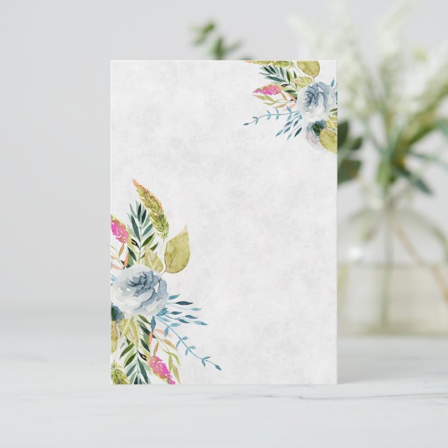 Invitación Boda floral acuarela azul en blanco  (Anverso de pie)