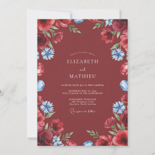 Invitación Boda floral acuarela azul granate