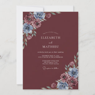 Invitación Boda floral acuarela azul malva granate