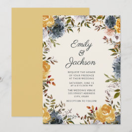 Invitación Boda floral acuarela azul marino amarillo lindo