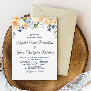 Invitación Boda floral acuarela azul marino coral melocotón