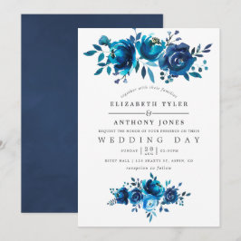 Invitación Boda floral acuarela azul marino y blanco