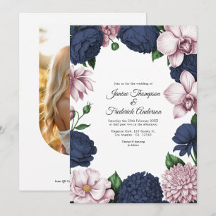Invitación Boda floral acuarela azul marino y rubor