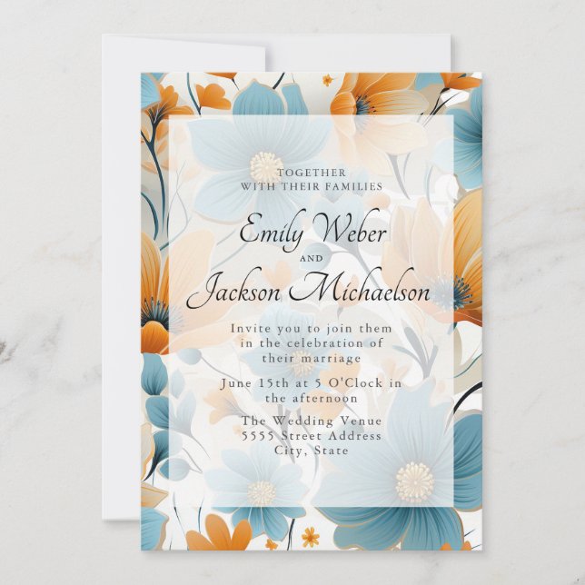 Invitación Boda floral acuarela azul melocotón  (Anverso)