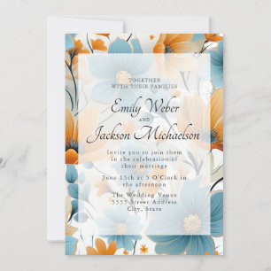 Invitación Boda floral acuarela azul melocotón 