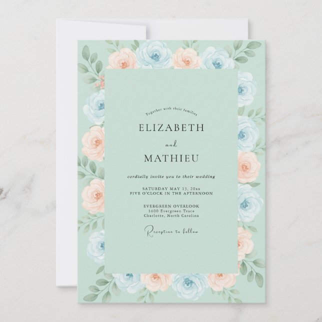 Invitación Boda floral acuarela azul menta (Anverso)