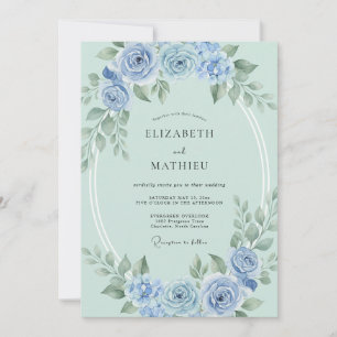 Invitación Boda floral acuarela azul menta