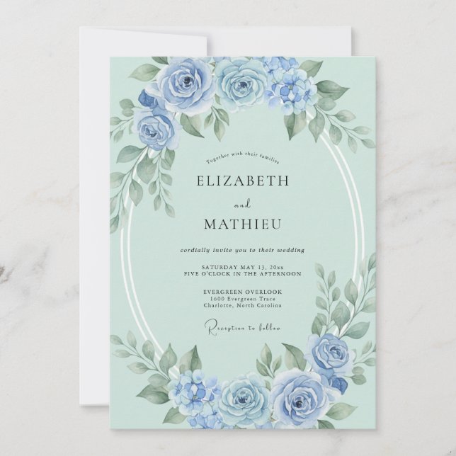 Invitación Boda floral acuarela azul menta (Anverso)