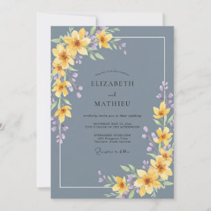 Invitación Boda floral acuarela azul pizarra