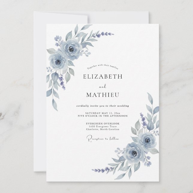 Invitación Boda floral acuarela azul plateado (Anverso)