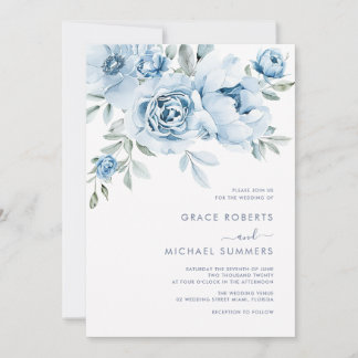 Invitación Boda floral acuarela azul polvoriento